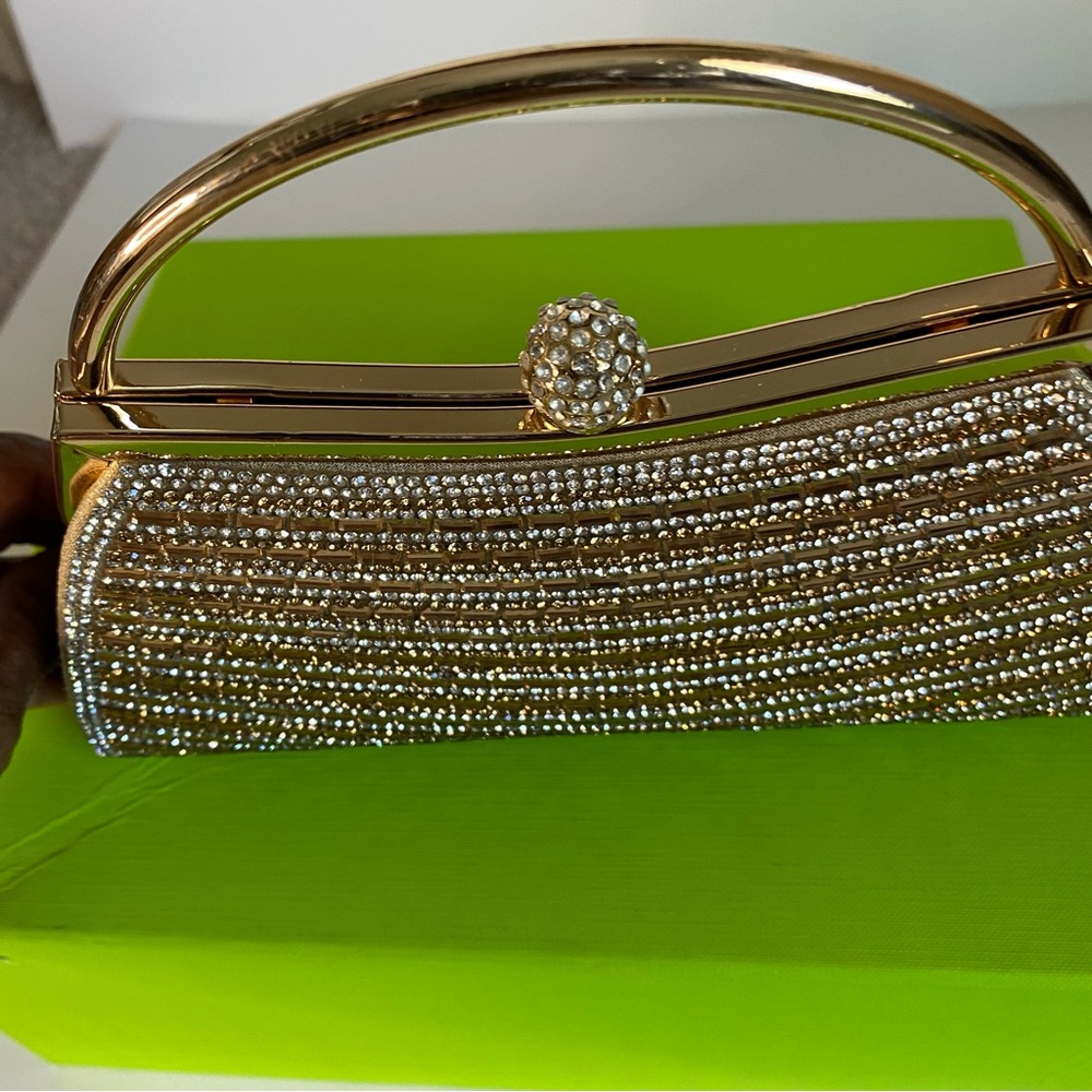 Small Gold and Rhinestone snap closure top handle bag with detachable gold chain - Picture 3 of 6